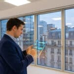 Un homme d'affaires consulte des graphiques sur une tablette transparente devant une vue urbaine de Boulogne-Billancourt.