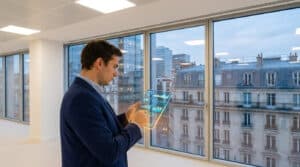 Un homme d'affaires consulte des graphiques sur une tablette transparente devant une vue urbaine de Boulogne-Billancourt.