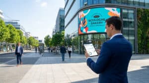 Un homme d'affaires utilise une tablette devant un écran publicitaire géant pour une boulangerie à Boulogne-Billancourt.