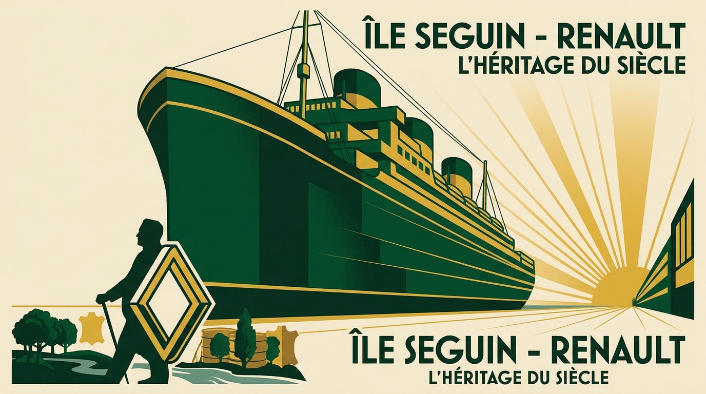 Vue historique de l'usine Renault sur l'île Seguin dominant la Seine