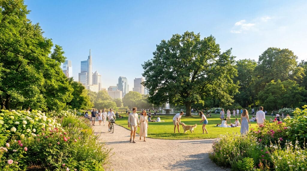 Personnes se promenant et se relaxant dans un parc verdoyant avec une fontaine et des gratte-ciel en arrière-plan.