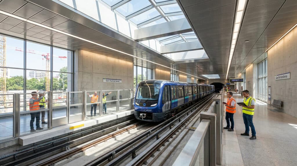 Une rame de métro moderne en gare Pont de Sèvres avec des ouvriers en gilets de sécurité sur le quai lumineux.