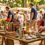 Une main choisit un petit objet décoratif sur une table de brocante en plein air à Boulogne-Billancourt.