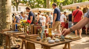 Une main choisit un petit objet décoratif sur une table de brocante en plein air à Boulogne-Billancourt.