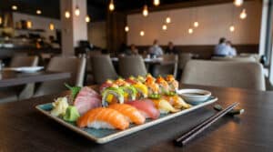 Plateau de sushis variés et sashimis sur une table en bois dans un restaurant moderne à l'éclairage tamisé.