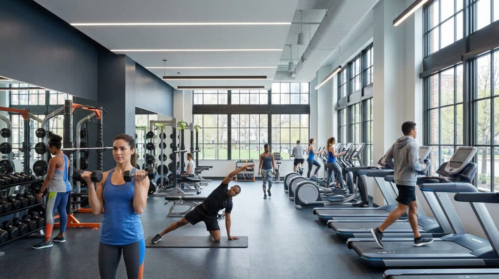 Personnes faisant de l'exercice dans une salle de sport lumineuse et moderne avec des équipements de musculation.