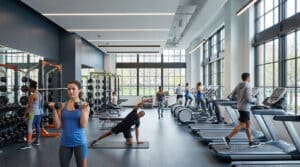 Personnes faisant de l'exercice dans une salle de sport lumineuse et moderne avec des équipements de musculation.