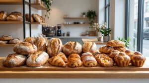 Une sélection de pains artisanaux, croissants et viennoiseries sur un comptoir dans une boulangerie lumineuse.