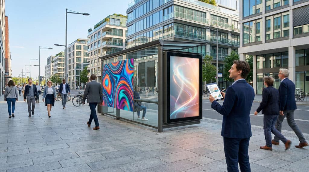 Homme d'affaires consultant une tablette devant un panneau publicitaire numérique dans une rue moderne de Boulogne-Billancourt.