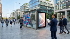 Homme d'affaires consultant une tablette devant un panneau publicitaire numérique dans une rue moderne de Boulogne-Billancourt.