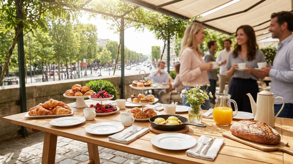 Table de brunch généreuse en terrasse avec viennoiseries, fruits et un groupe d'amis souriants en arrière-plan.