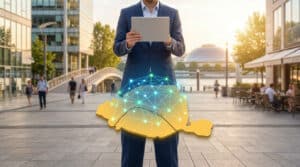 Un homme en costume tient une tablette devant une carte stylisée de Boulogne avec un réseau numérique lumineux.