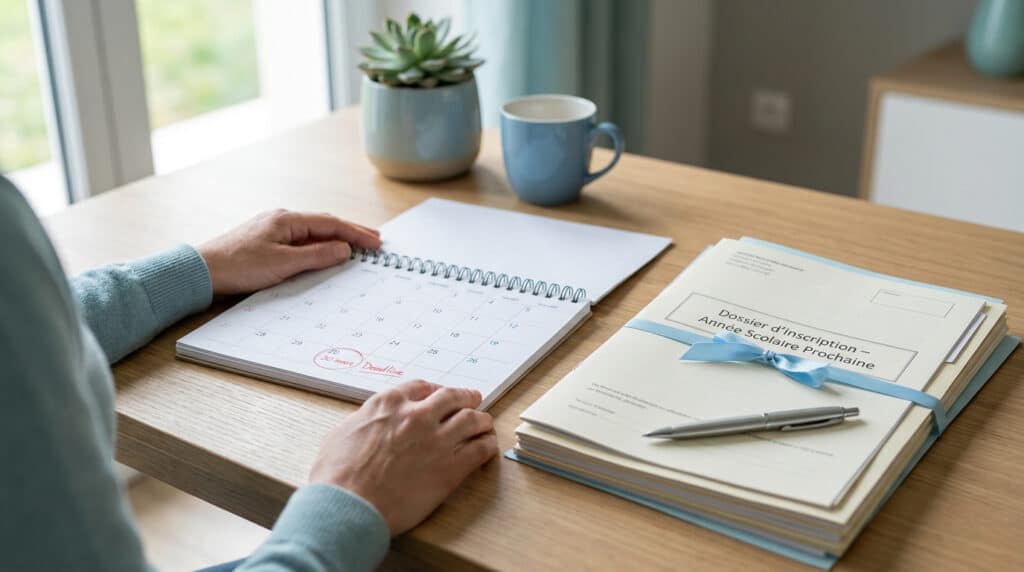 Une personne consulte un calendrier marqué d'une échéance à côté d'un dossier d'inscription scolaire sur un bureau.
