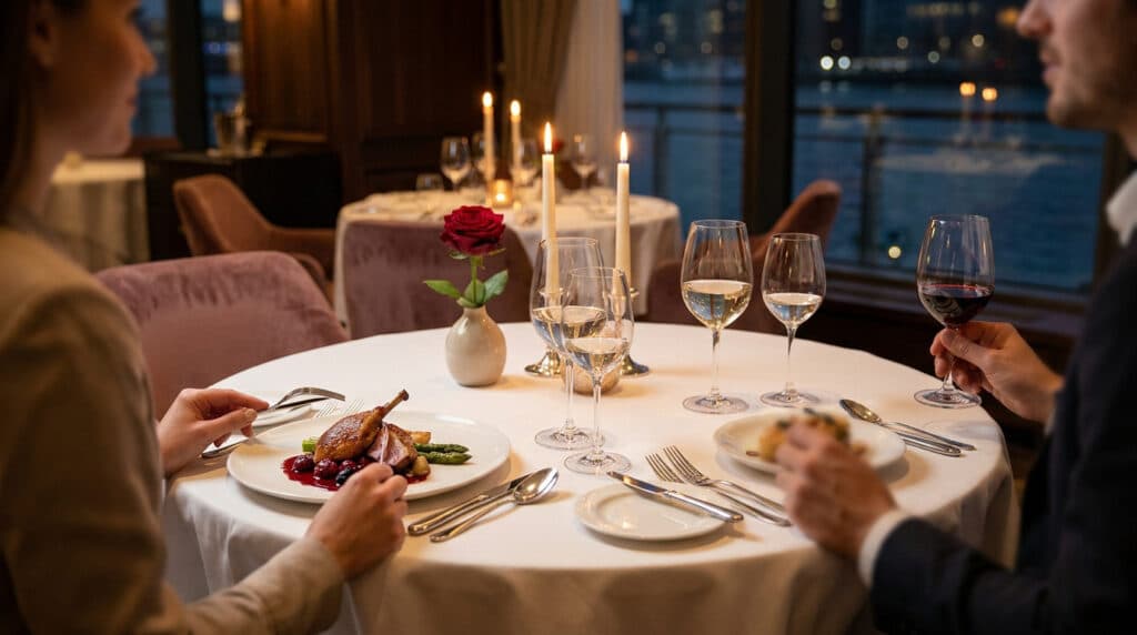 Couple en dîner romantique avec une rose et du vin à une table élégante au bord de l'eau.