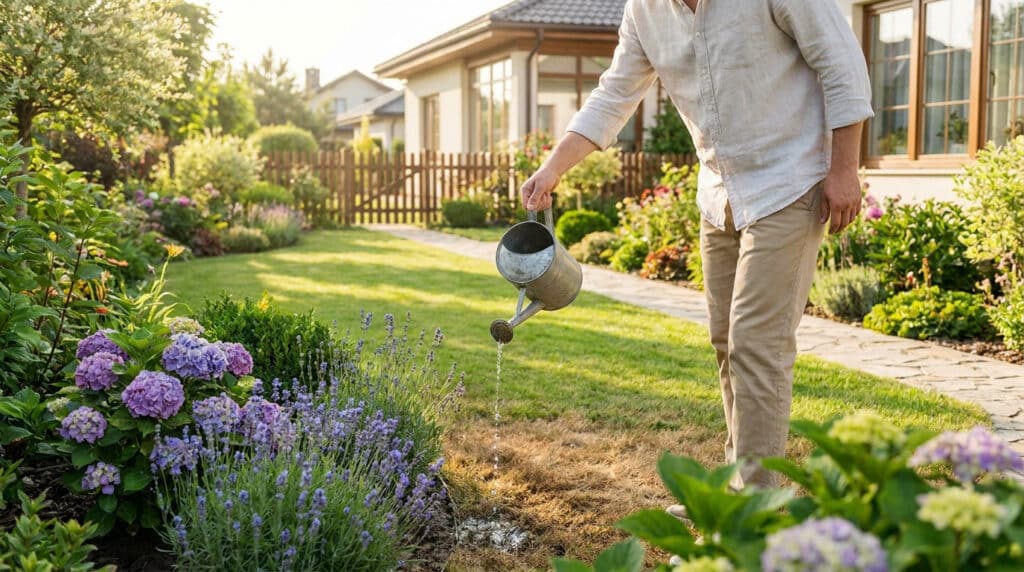 Un homme arrose ses fleurs avec un arrosoir en métal dans un jardin ensoleillé.