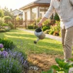 Un homme arrose ses fleurs avec un arrosoir en métal dans un jardin ensoleillé.