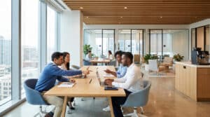 Une équipe diversifiée travaille ensemble dans un espace de coworking moderne et lumineux avec de grandes baies vitrées.