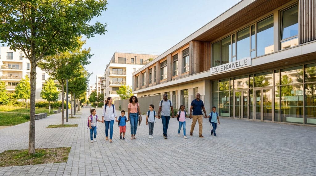 Parents et enfants marchant main dans la main devant une école moderne à Boulogne-Billancourt.