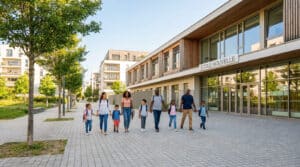 Parents et enfants marchant main dans la main devant une école moderne à Boulogne-Billancourt.