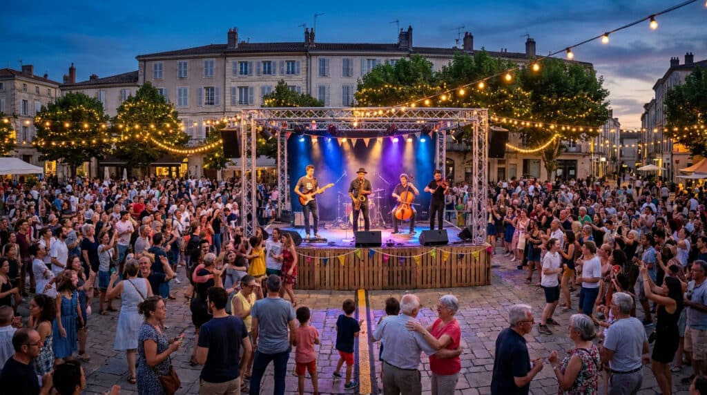 Groupe jouant sur une scène en extérieur devant une foule festive avec des guirlandes lumineuses au crépuscule.