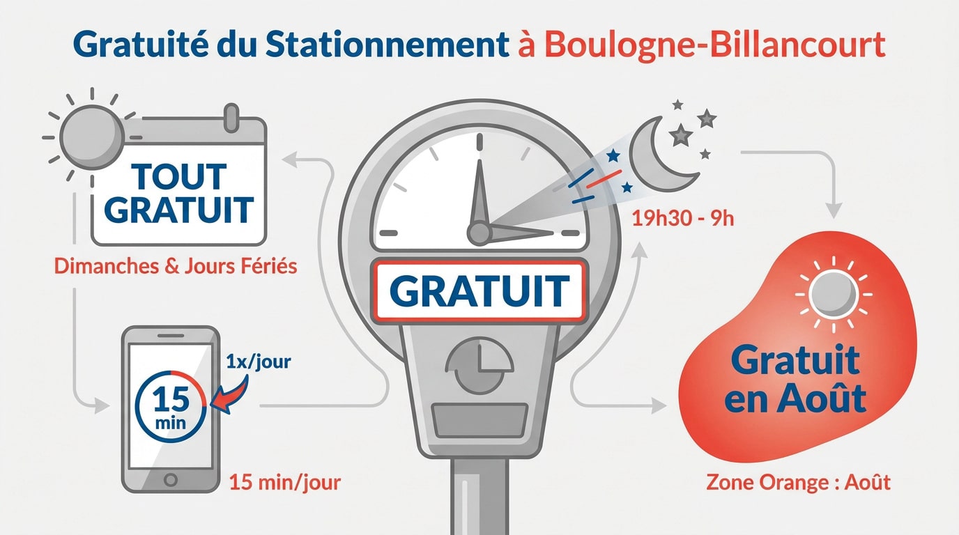 Panneau de signalisation de stationnement à Boulogne-Billancourt indiquant les zones gratuites