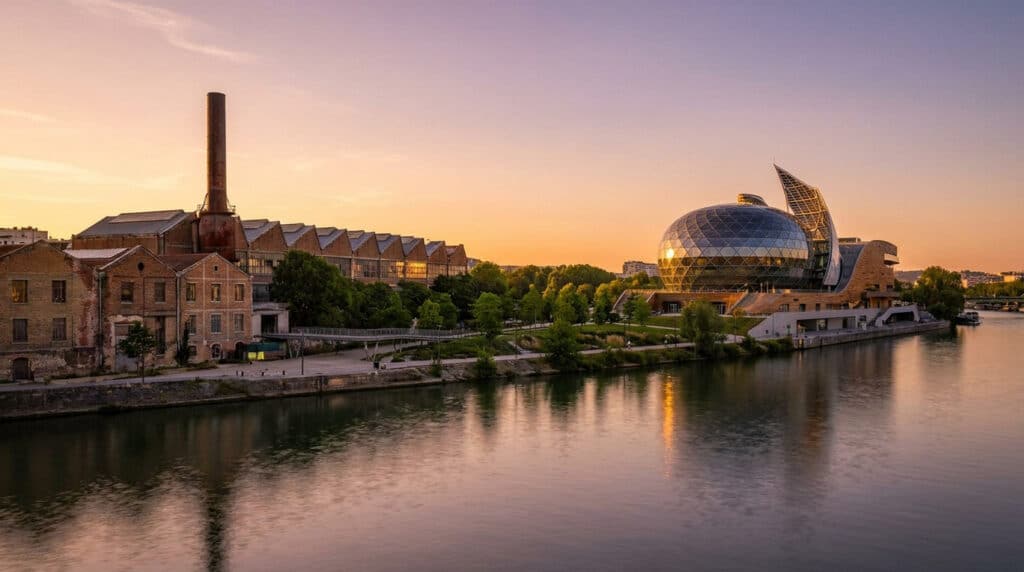 Vue panoramique de l'Île Seguin au coucher du soleil avec l'ancienne usine Renault et La Seine Musicale au bord de l'eau.