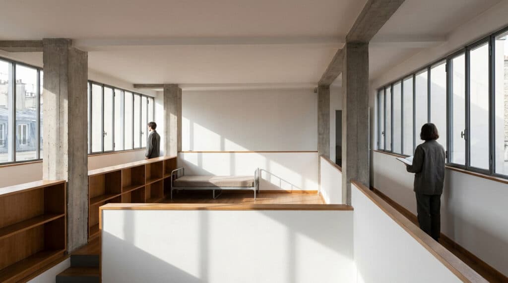 Intérieur minimaliste de l'appartement-atelier Le Corbusier avec de larges baies vitrées et deux personnes.