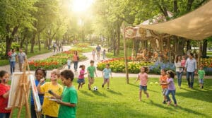 Des enfants jouent et peignent dans un parc ensoleillé à côté d'un carrousel, entourés de fleurs et de familles.