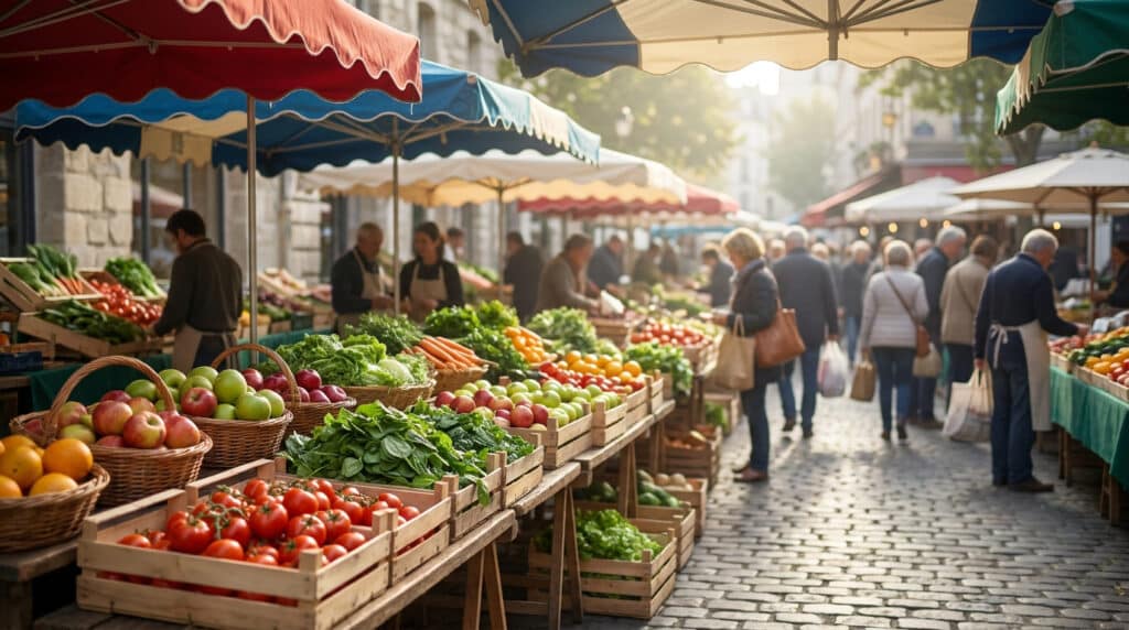 Étalages de fruits et légumes frais sur un marché en plein air animé à Billancourt sous des auvents colorés.