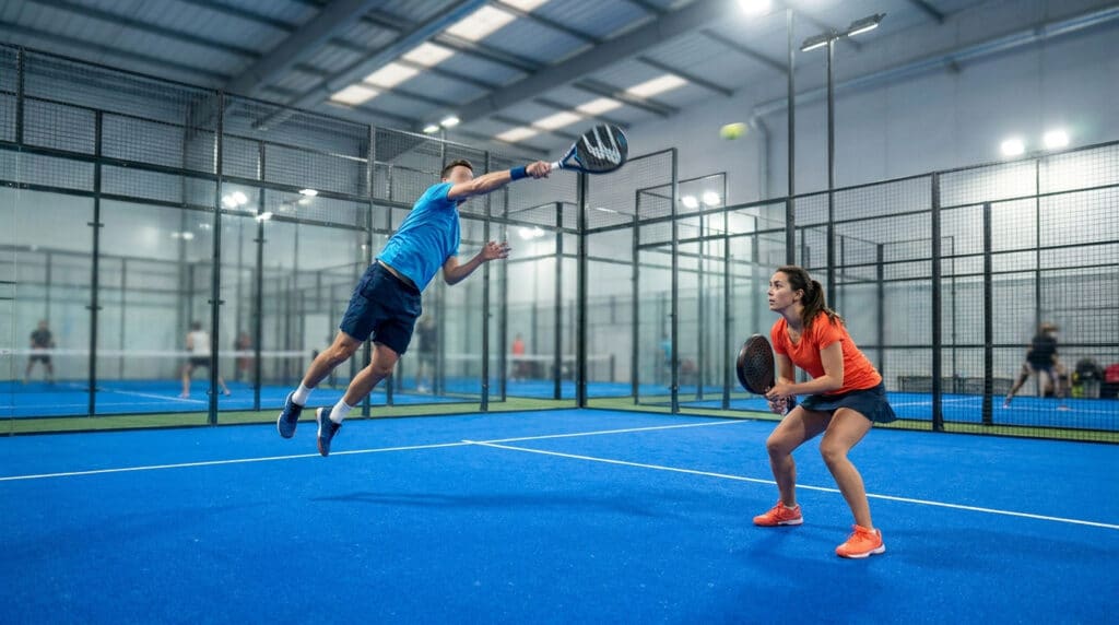 Un homme sautant pour frapper une balle de padel tandis qu'une femme se prépare à la volée sur un court intérieur bleu.
