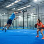 Un homme sautant pour frapper une balle de padel tandis qu'une femme se prépare à la volée sur un court intérieur bleu.
