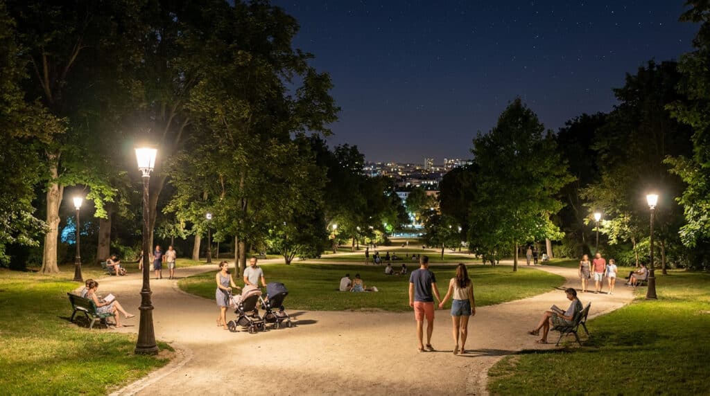 Un parc de Boulogne illuminé par des lampadaires sous un ciel étoilé, avec des gens profitant de la fraîcheur nocturne.