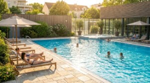 Piscine extérieure avec des baigneurs, des chaises longues sous des parasols et une terrasse ensoleillée.
