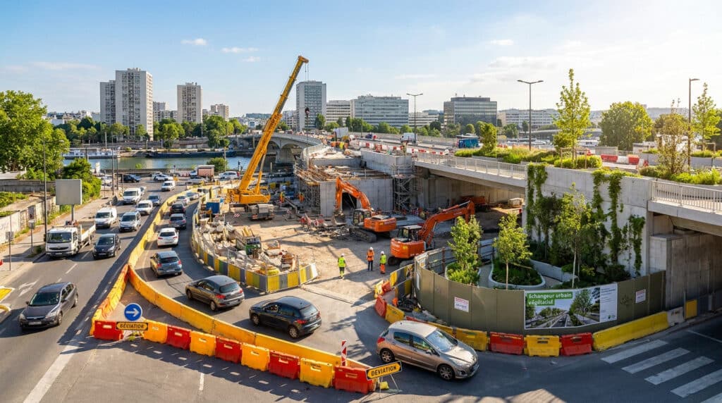 Travaux en cours au Pont de Sèvres avec grues, engins de chantier, voitures déviées et espaces verts en construction.
