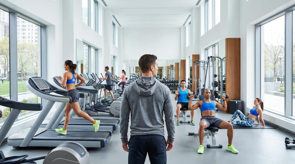 Vue arrière d'un coach dans une salle de sport moderne avec des personnes faisant du cardio et de la musculation.