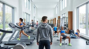 Vue arrière d'un coach dans une salle de sport moderne avec des personnes faisant du cardio et de la musculation.