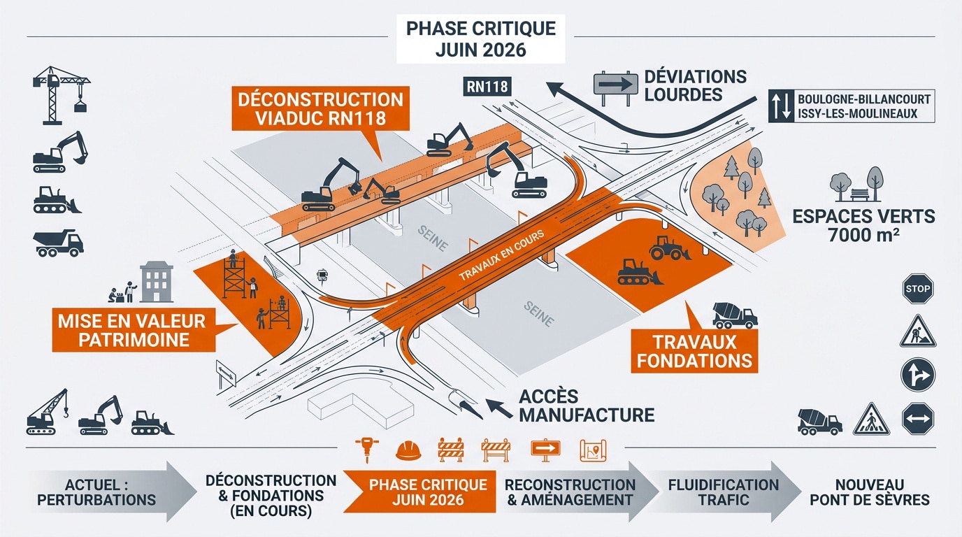 Schéma technique des travaux de réaménagement de l'échangeur du Pont de Sèvres 2026