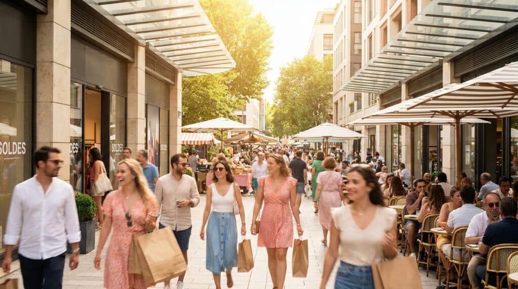Rue commerçante animée à Boulogne-Billancourt avec des clients faisant les soldes et des terrasses ensoleillées.