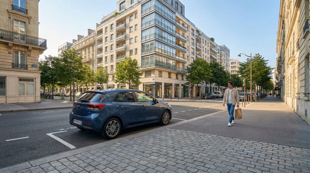 Une voiture bleue garée dans une rue de Boulogne-Billancourt avec un homme marchant sur le trottoir.
