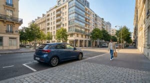 Une voiture bleue garée dans une rue de Boulogne-Billancourt avec un homme marchant sur le trottoir.