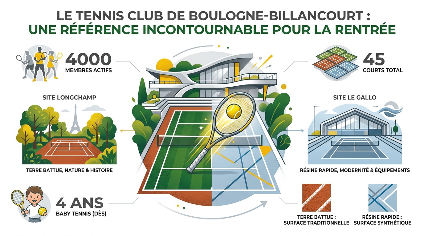 Courts de tennis extérieurs au Tennis Club de Boulogne-Billancourt avec vue sur la verdure