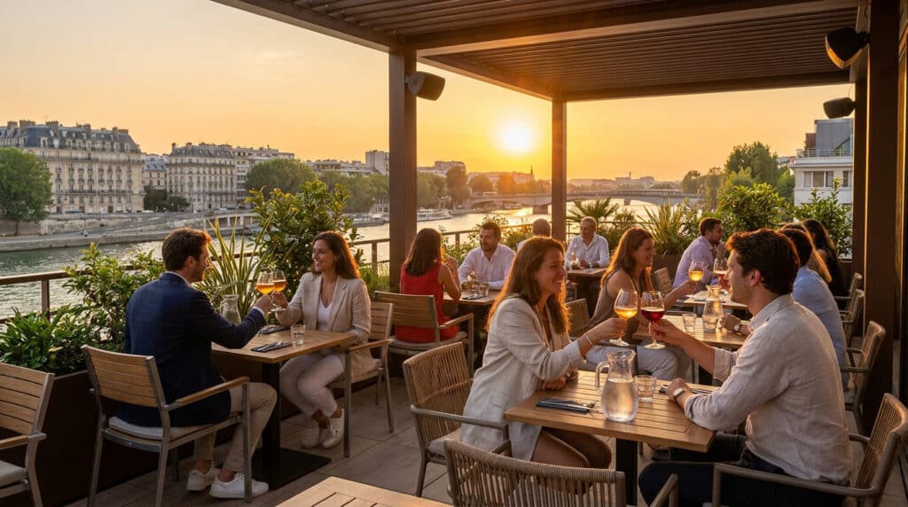 Des clients profitent d'un verre au coucher du soleil sur une terrasse élégante avec vue sur la Seine.