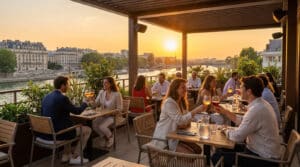 Des clients profitent d'un verre au coucher du soleil sur une terrasse élégante avec vue sur la Seine.