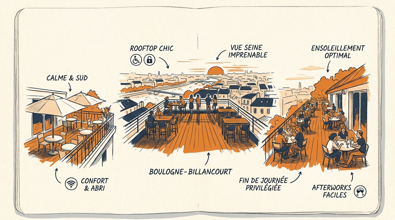Terrasse ensoleillée avec vue sur la Seine à Boulogne-Billancourt