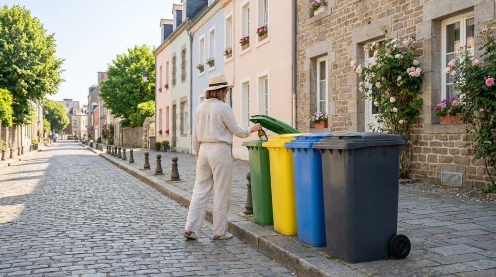 Une personne portant un chapeau trie ses déchets dans des poubelles colorées dans une rue pavée fleurie de Boulogne.