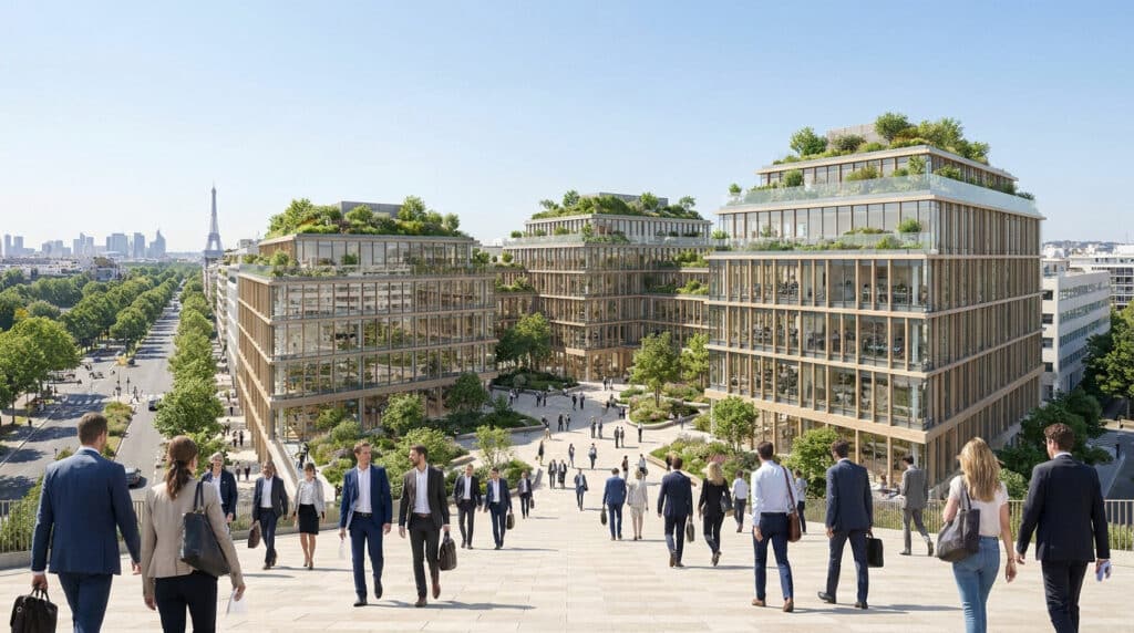 Rendu architectural d'un complexe de bureaux moderne et végétalisé à Boulogne avec des professionnels marchant vers les immeubles.