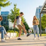Groupe d'adolescents en extérieur pratiquant des activités sportives, numériques et de lecture dans un cadre moderne.