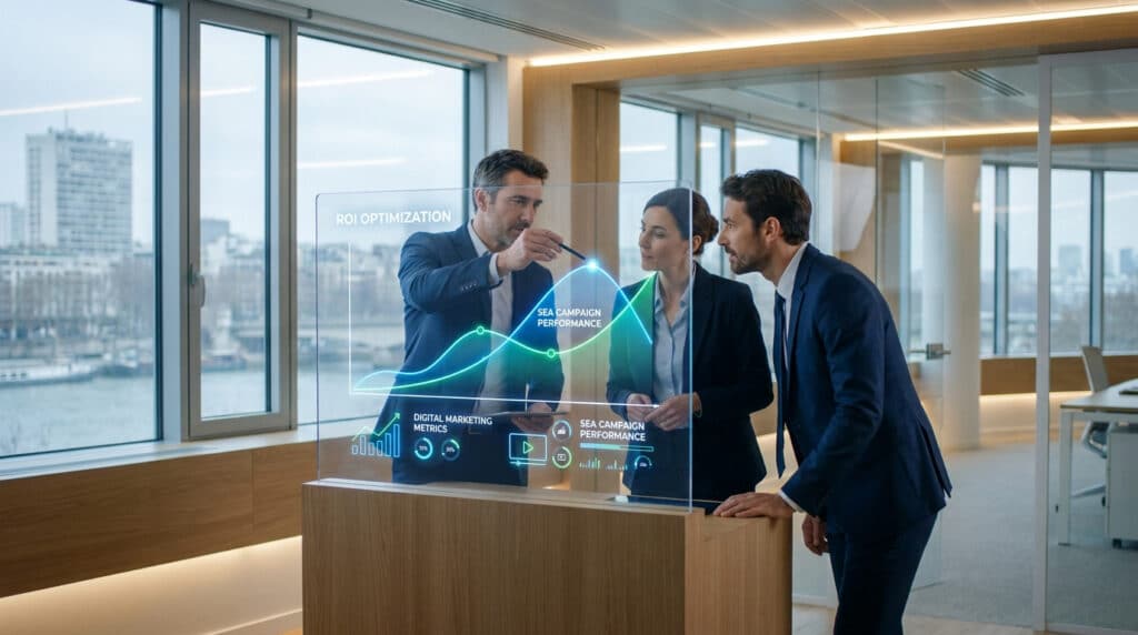 Équipe d'experts marketing analysant des graphiques de performance sur un écran tactile transparent dans un bureau moderne.