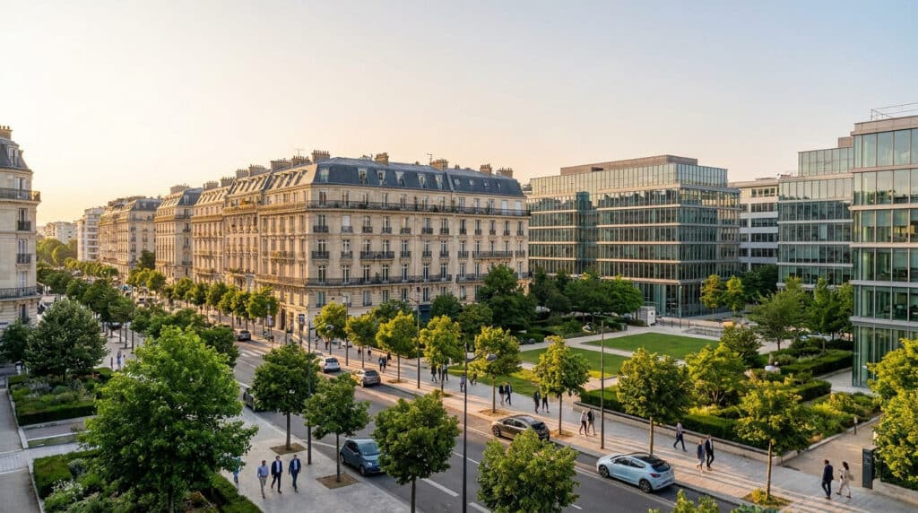 Vue panoramique d'un quartier urbain à Boulogne-Billancourt mêlant immeubles haussmanniens et architecture moderne.