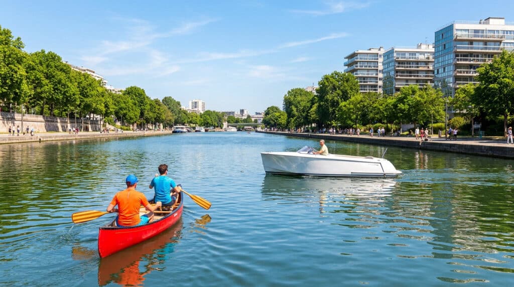 Deux personnes dans un canoë rouge et un petit bateau blanc sur la Seine à Boulogne-Billancourt par une journée ensoleillée.